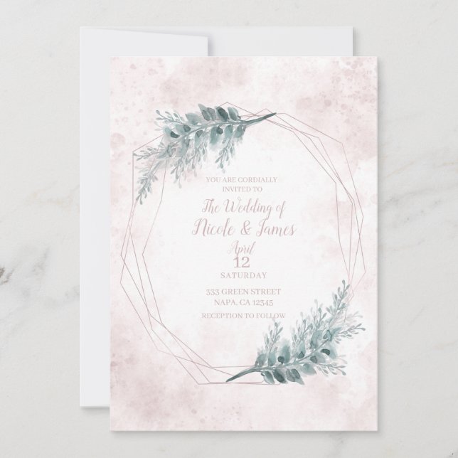 Blush Pink Watercolor Geometric Botanical Wedding Invitation (Front)