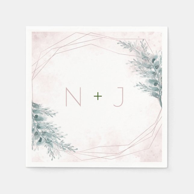 Blush Pink Watercolor Geometric Botanical Wedding Napkin (Front)