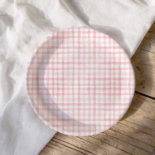 Blush Pink Watercolor Gingham Baby Shower Paper Plate