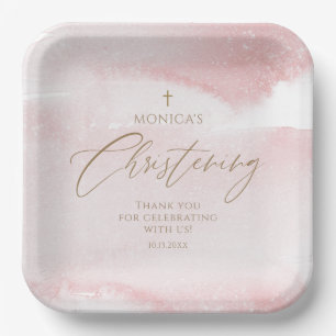 Blush Pink Watercolor Girl Christening Square Paper Plate
