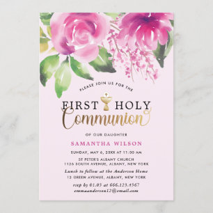 Blush Pink Watercolor Girl First Holy Communion Invitation