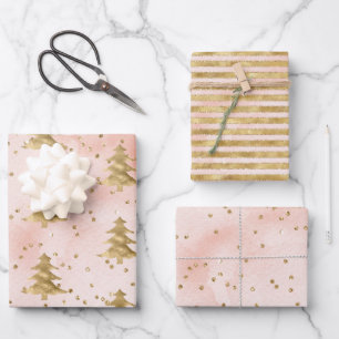 Blush Pink Watercolor Gold Christmas Tree   Wrapping Paper Sheet