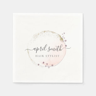 Blush Pink Watercolor Gold Circle Floral Wreath Napkin