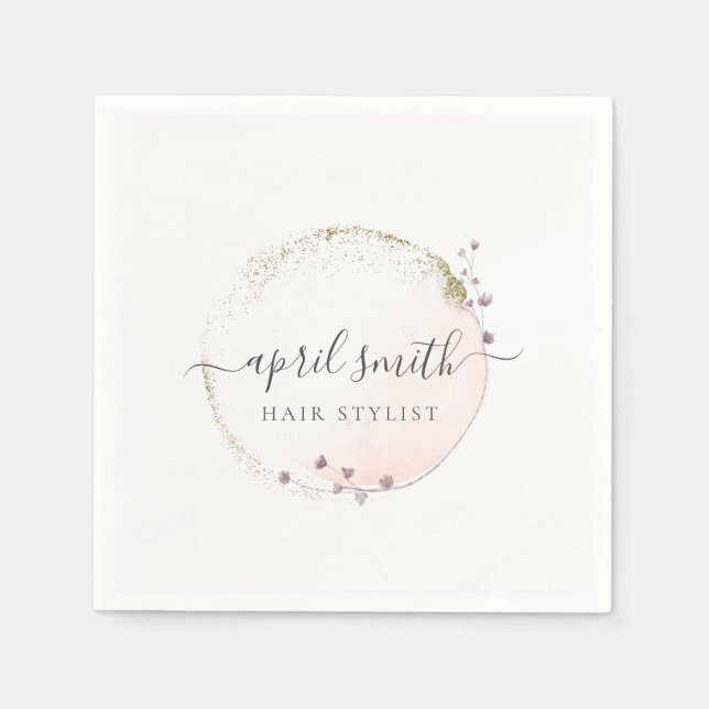 Blush Pink Watercolor Gold Circle Floral Wreath Napkin (Front)