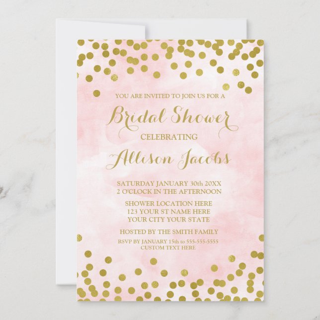 Blush Pink Watercolor Gold Confetti Bridal Shower Invitation (Back)