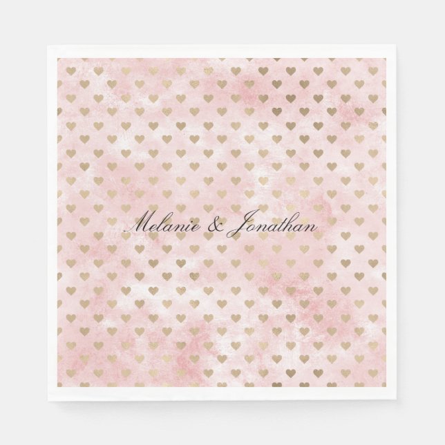 Blush Pink Watercolor Gold Hearts Napkin (Front)