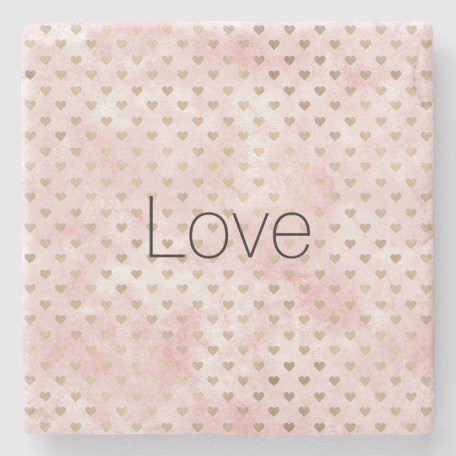 Blush Pink Watercolor Gold Hearts Stone Coaster (Front)
