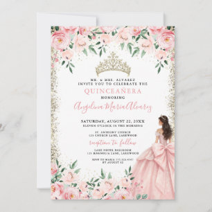 Blush Pink Watercolor Gold Quinceanera Invitation