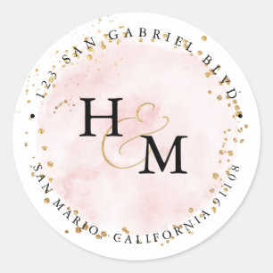 Blush Pink Watercolor Gold Script Ampersand Classic Round Sticker