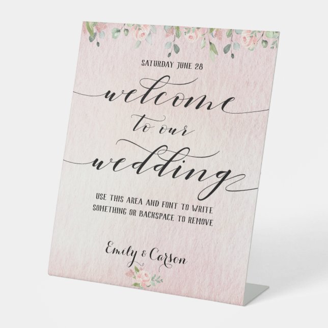 Blush Pink Watercolor Greenery Welcome Wedding Pedestal Sign (Front)