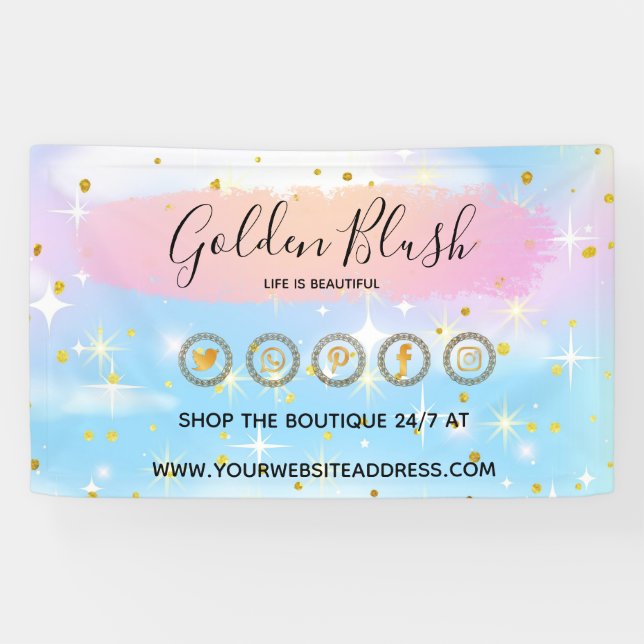 Blush Pink Watercolor & Modern Gold Geometric Chic Banner (Horizontal)