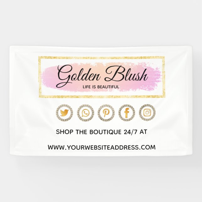 Blush Pink Watercolor & Modern Gold Geometric Chic Banner (Horizontal)