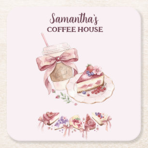 Blush Pink Watercolor Patisserie Cafe Branding Square Paper Coaster