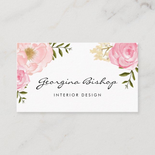 Blush Pink Watercolor Peonies and Roses Script Business Card (Front)