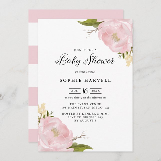 Blush Pink Watercolor Peonies Pretty Baby Shower Invitation (Front/Back)