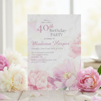 Blush Pink Watercolor Peony 40th Birthday Invitation
