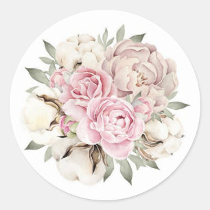 Blush Pink Watercolor Peony Cream Cotton Wedding Classic Round Sticker