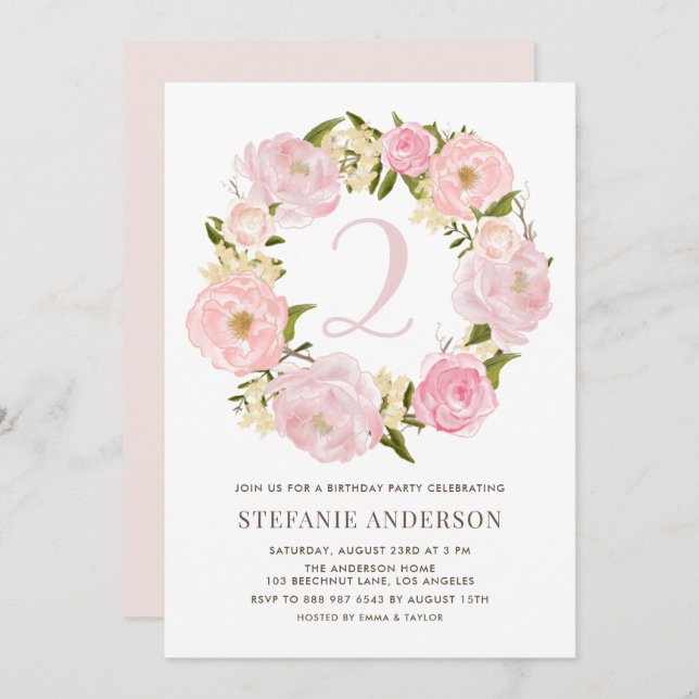 Blush Pink Watercolor Peony Wreath Kids Birthday Invitation (Front/Back)