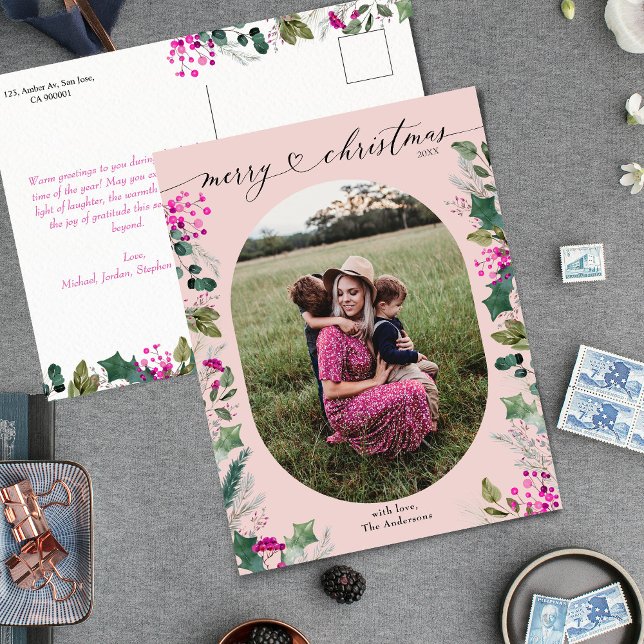 Blush Pink Watercolor Photo Christmas Postcard  (Creator Uploaded)