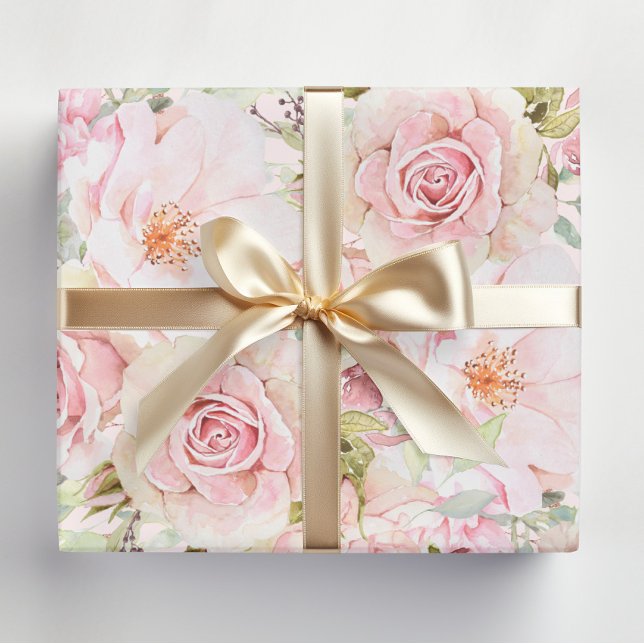 Blush Pink Watercolor Rose Flower Floral  Wrapping Paper (In situ)
