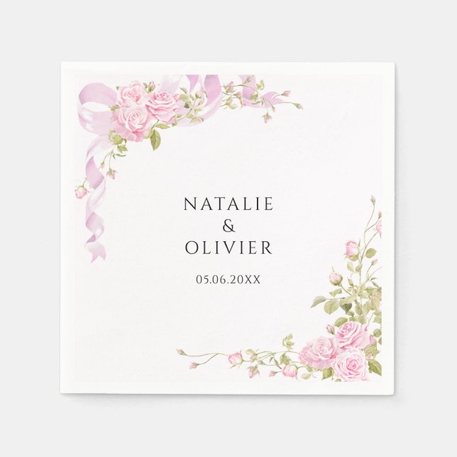 Blush Pink Watercolor Rose Garden Chic Wedding  Napkin (Front)