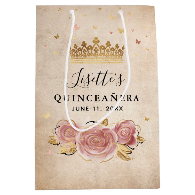 Blush Pink Watercolor Rose Gold Quinceanera Medium Gift Bag (Front)