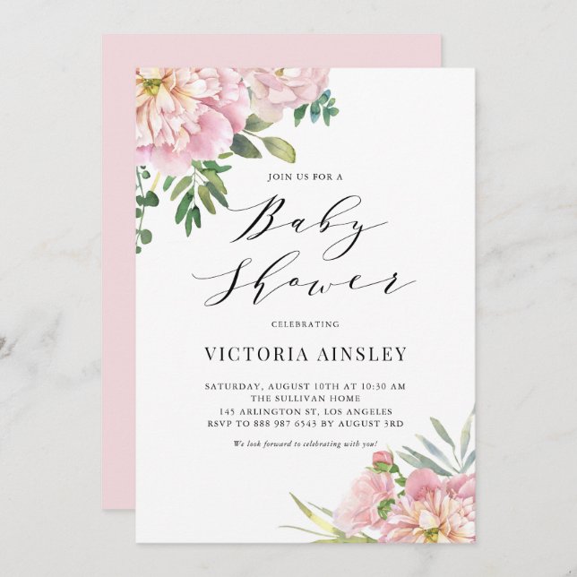 Blush Pink Watercolor Roses Floral Baby Shower Invitation (Front/Back)