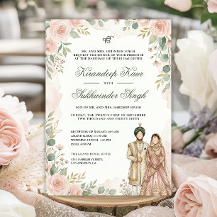 Blush Pink Watercolor Roses Floral Sikh Wedding Invitation