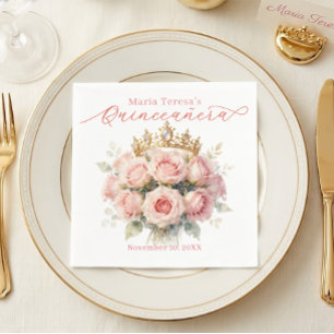 Blush Pink Watercolor Roses Gold Tiara Quinceañera Napkin