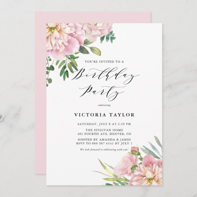 Blush Pink Watercolor Roses & Hydrangeas Birthday Invitation (Front/Back)