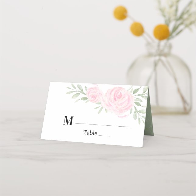 Blush Pink Watercolor Roses Personalised Wedding Place Card (Front)