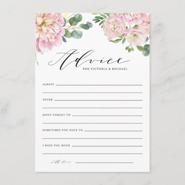 Blush Pink Watercolor Roses Wedding Advice Card (Front)