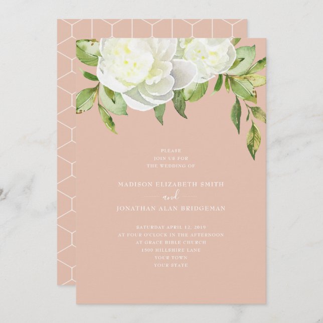 Blush Pink Watercolor Spring Floral Peony Wedding Invitation (Front/Back)