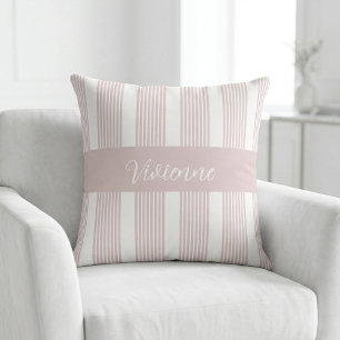 Blush Pink Watercolor Stripes Monogram Name Cushion