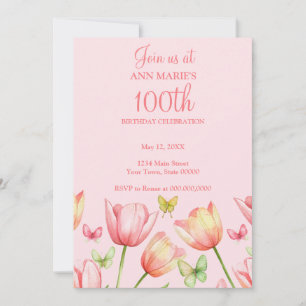 Blush Pink Watercolor Tulips 100th Birthday Party Invitation