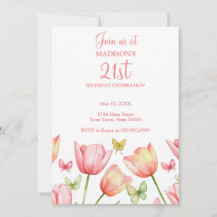 Blush Pink Watercolor Tulips 21st Birthday Party  Invitation