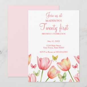 Blush Pink Watercolor Tulips 21st Birthday Party  Invitation
