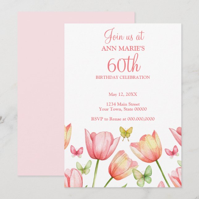 Blush Pink Watercolor Tulips 70th Birthday Party  Invitation (Front/Back)