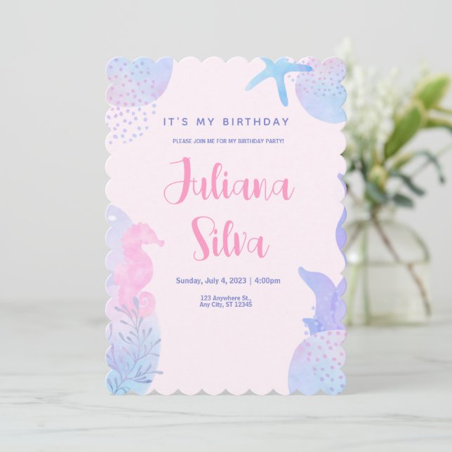 Blush Pink Watercolor under The Sea Birthday Invitation (Standing Front)