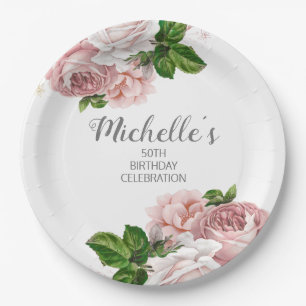 Blush Pink Watercolor Vintage Floral Birthday Paper Plate