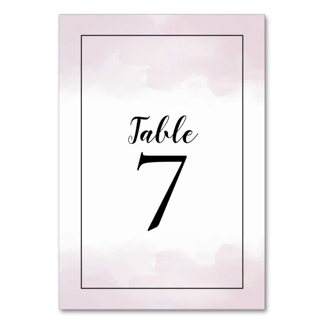 Blush Pink Watercolors Black Script Wedding Table Number (Front)