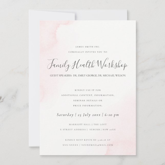 BLUSH PINK WATERCOLOUR BRUSH STROKE WORKSHOP EVENT INVITATION (Front)