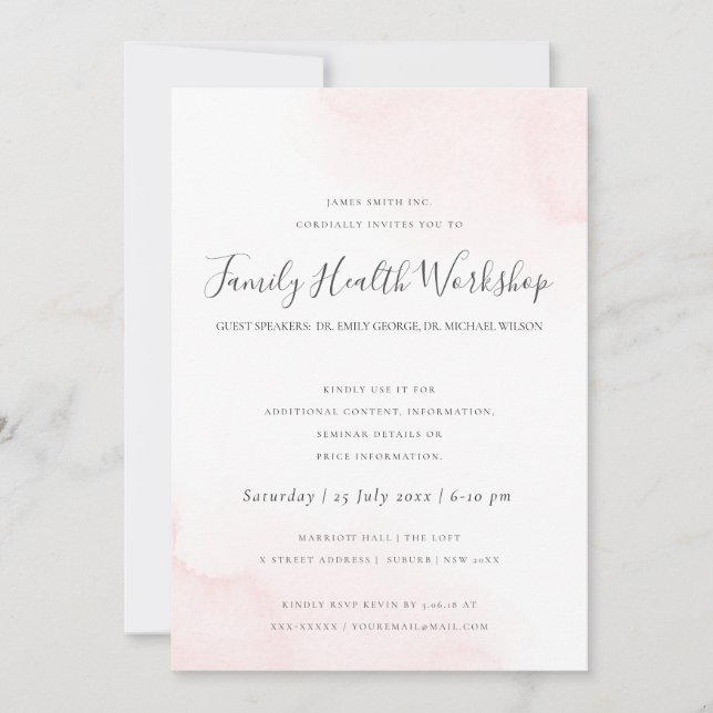 BLUSH PINK WATERCOLOUR BRUSH STROKE WORKSHOP EVENT INVITATION (Front)