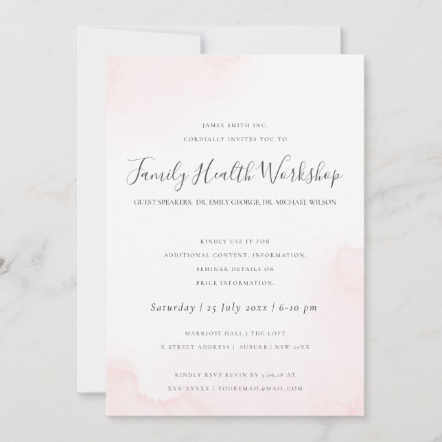 BLUSH PINK WATERCOLOUR BRUSH STROKE WORKSHOP EVENT INVITATION (Front)