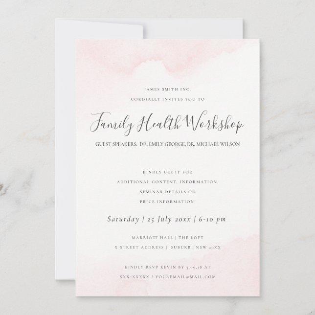 BLUSH PINK WATERCOLOUR BRUSH STROKE WORKSHOP EVENT INVITATION (Front)