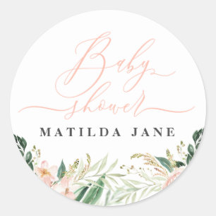 Blush pink watercolour floral baby shower classic round sticker