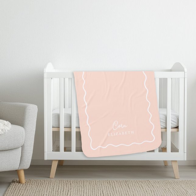 Blush Pink Wavy Border Monogrammed Sherpa Blanket (Creator Uploaded)