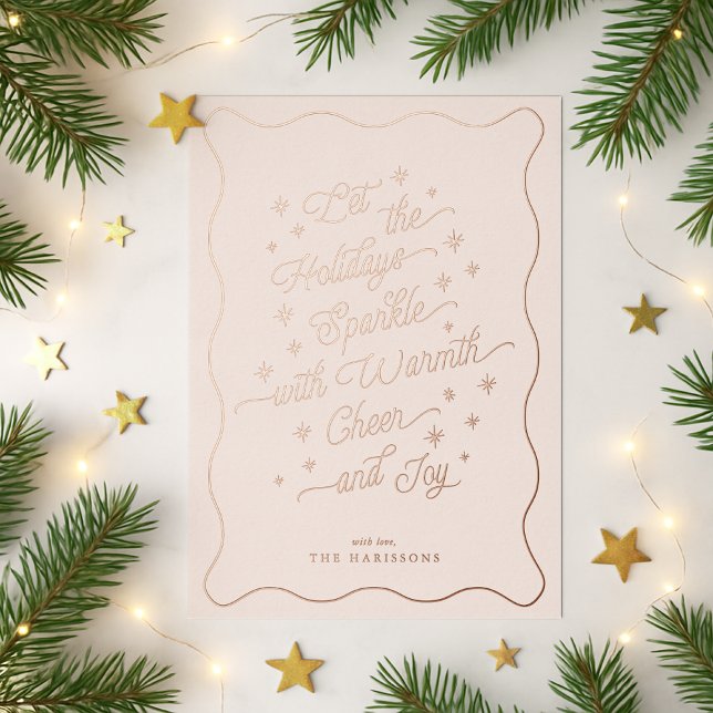 Blush Pink Wavy Border Sparkle Modern Holiday card (Creator Uploaded)