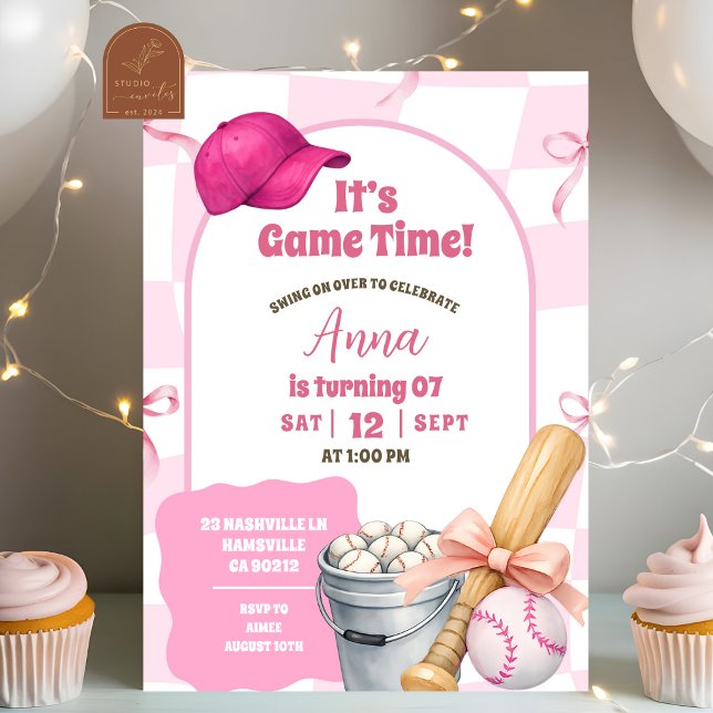 Blush Pink Wavy Retro Bow Baseball Birthday Invitation (Creator Uploaded)