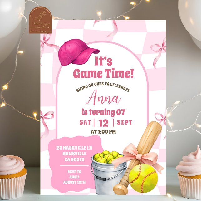 Blush Pink Wavy Retro Bow Softball Birthday Invitation (Creator Uploaded)